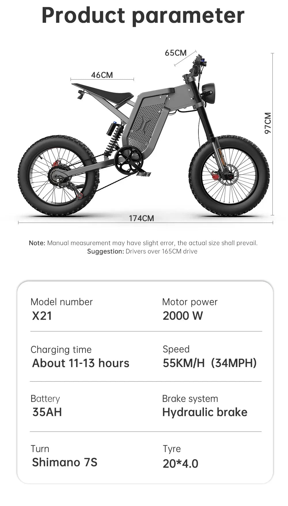 EKXBike X21 Readygo Adult E-bike 2000W Powerful Motor 48V35AH Battery 55km/h Speed 20'x4.0 Tires Ideal for Snow Mountain Terrain