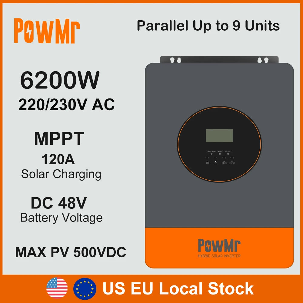 US Stock 6.2KW 11KW Hybrid Solar Inversor 48VDC to 230VAC Wtih 120A 150A MPPT Solar Charge Parallel Inverter Fit Lithium Battery