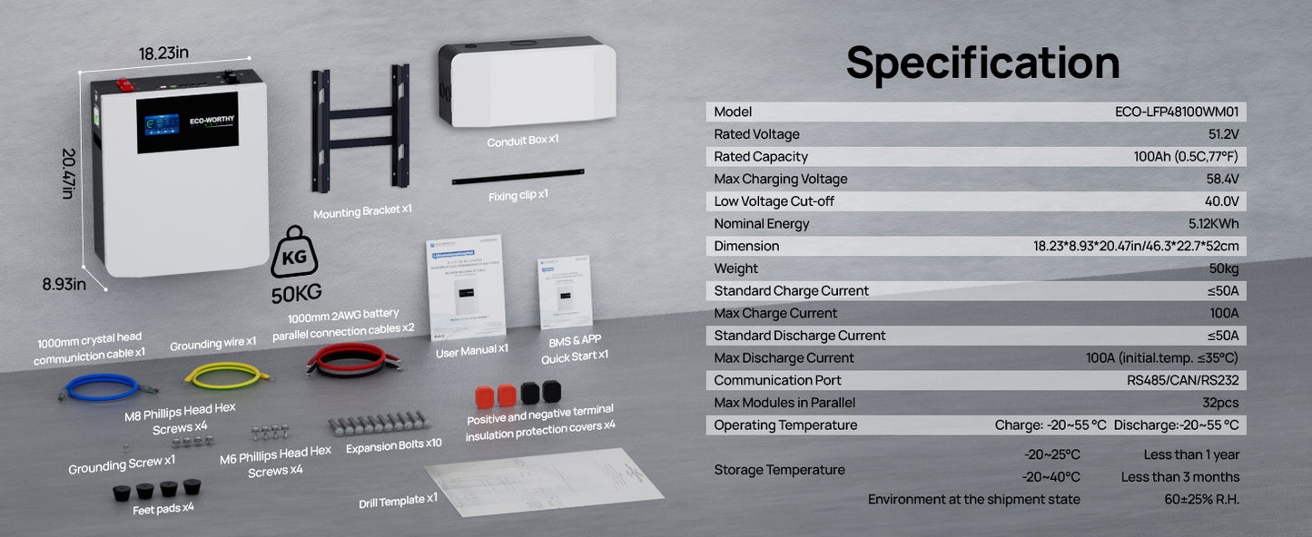 ECO-WORTHY 48V 100Ah Wall-Mount Indoor LiFePO4 Lithium Battery with Conduit Box For Off-Grid Systems, Home Backup Power