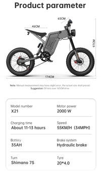 EKXBike X21 Readygo Adult E-bike 2000W Powerful Motor 48V35AH Battery 55km/h Speed 20'x4.0 Tires Ideal for Snow Mountain Terrain