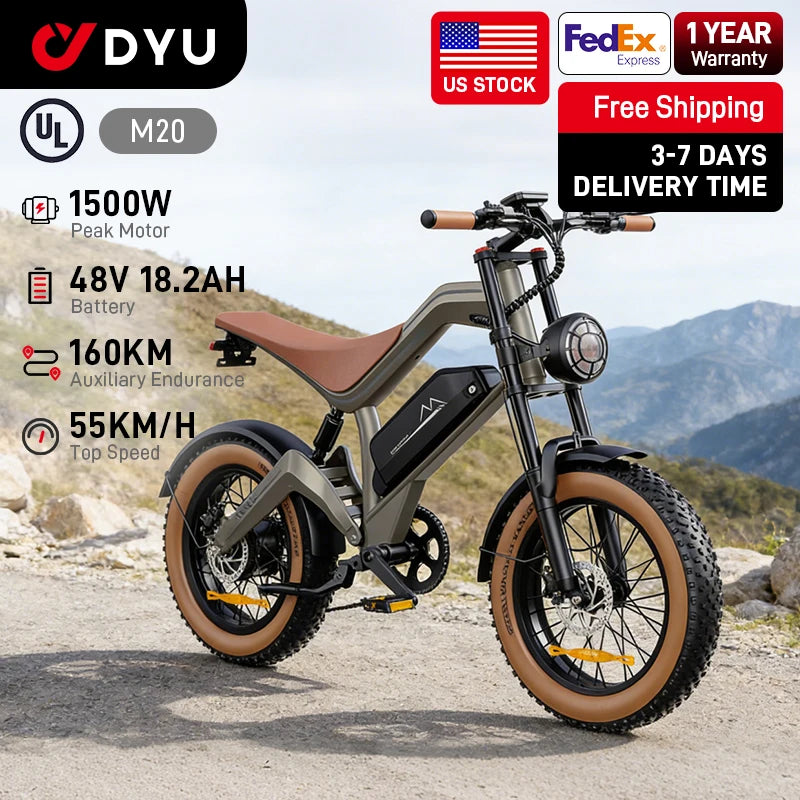 【1 Year Warranty】DYU M20 Electric Bicycle Peak 1500W Motor 48V18.2AH Lithium Battery Electric Bike Hydraulic Brake E-Bike，UL2849