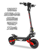1200W Off Road Electric Scooter for Adults 48V Long Range E-Scooter 30MPH Fast Speed 11" Tubeless Tire Foldable Kick Scooter