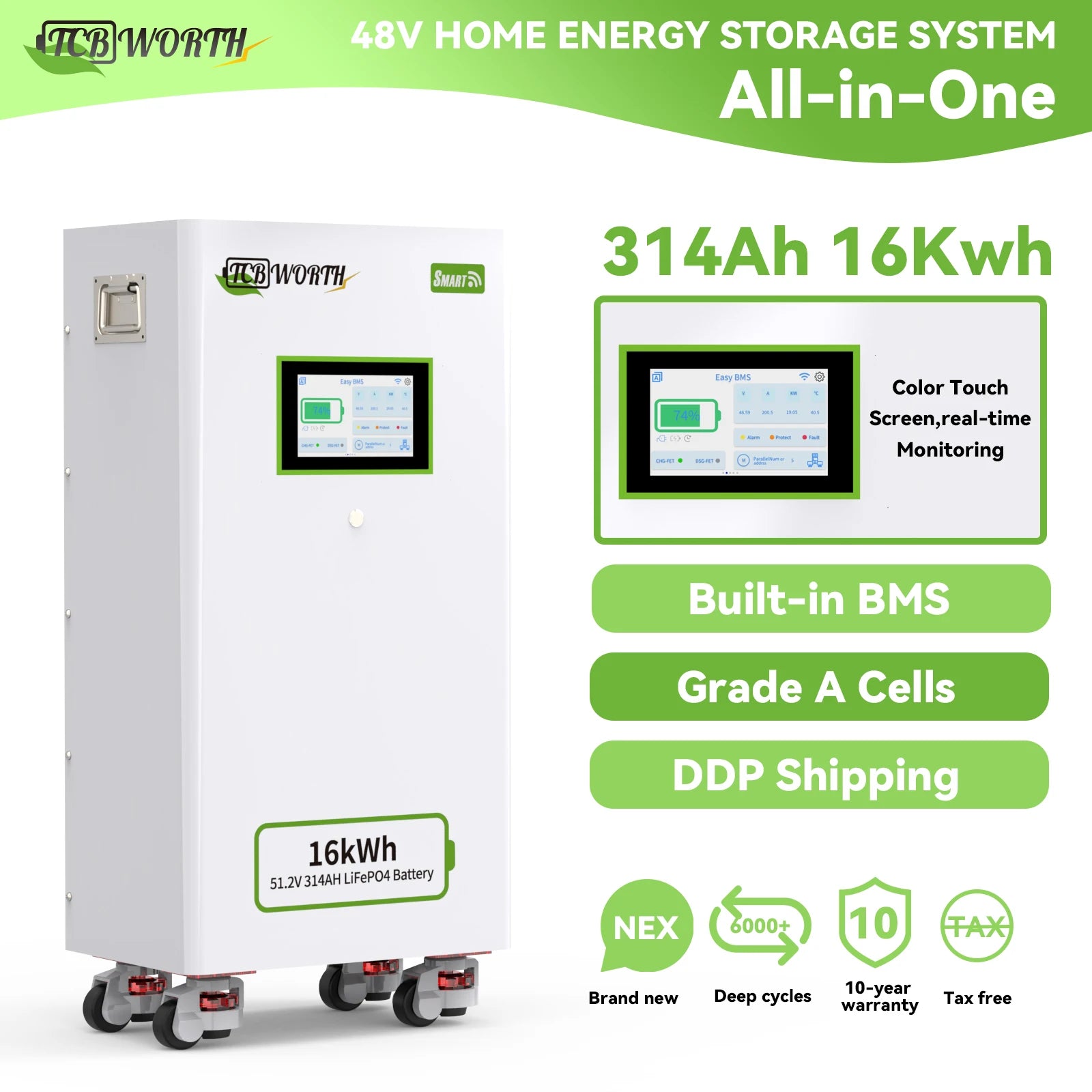 TCBWORTH 48V(51.2V) 314Ah Lithium Battery,200A BMS with CAN,RS485 Communication Interface,for Home Energy Storage,Solar System