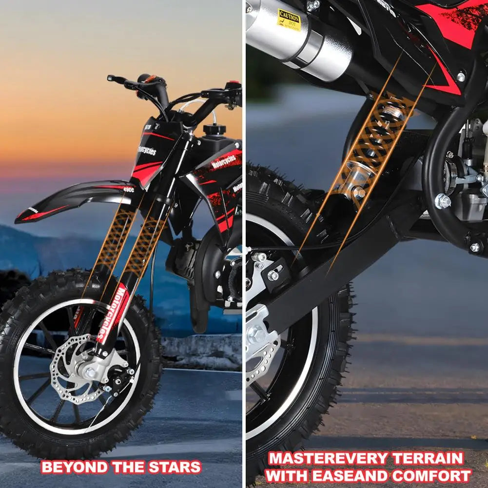 (Maximum load 330lb)Mini 49CC two-stroke gasoline motorcycle, anti-skid tires, front and rear wheel brakes, shock absorbers