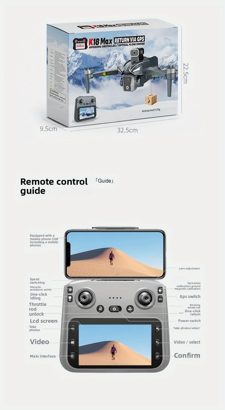 K18MAX GPS Drone 8K HD Camera 4.5 Inch Screen Remote FPV Smart Obstacle Avoidance Auto Return Foldable Quadcopter Birthday Gift