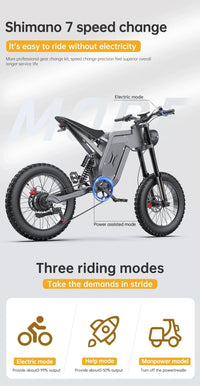 EKXBike X21 Readygo Adult E-bike 2000W Powerful Motor 48V35AH Battery 55km/h Speed 20'x4.0 Tires Ideal for Snow Mountain Terrain