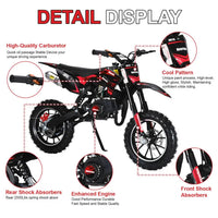 (Maximum load 330lb)Mini 49CC two-stroke gasoline motorcycle, anti-skid tires, front and rear wheel brakes, shock absorbers