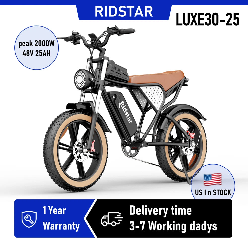 RIDSTAR Luxe30-25 Electric Bike for Adults Motor 2000W Max 34MPH Battery 48V 25Ah 20" Electric Dirt Bike Hydraulic 7-Speed