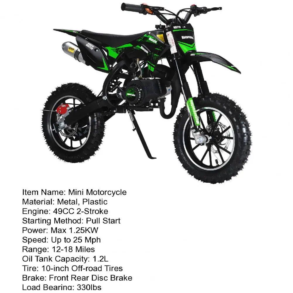 (Maximum load 330lb)Mini 49CC two-stroke gasoline motorcycle, anti-skid tires, front and rear wheel brakes, shock absorbers