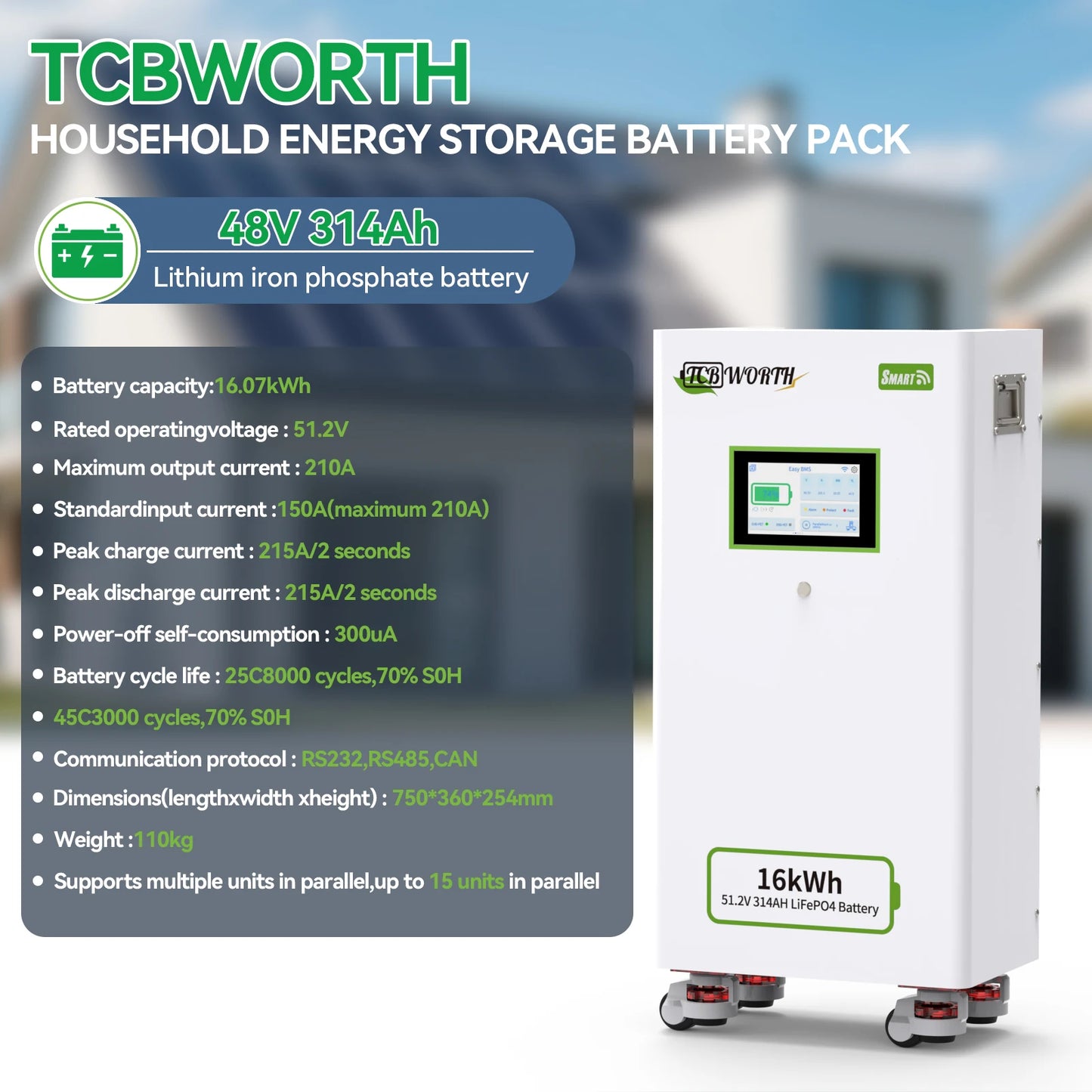 TCBWORTH 48V(51.2V) 314Ah Lithium Battery,200A BMS with CAN,RS485 Communication Interface,for Home Energy Storage,Solar System