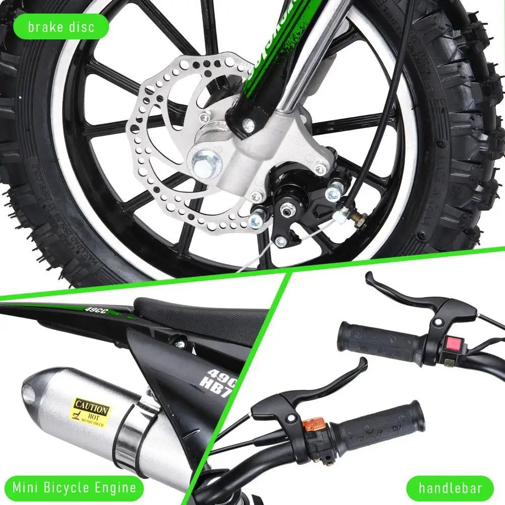 (Maximum load 330lb)Mini 49CC two-stroke gasoline motorcycle, anti-skid tires, front and rear wheel brakes, shock absorbers