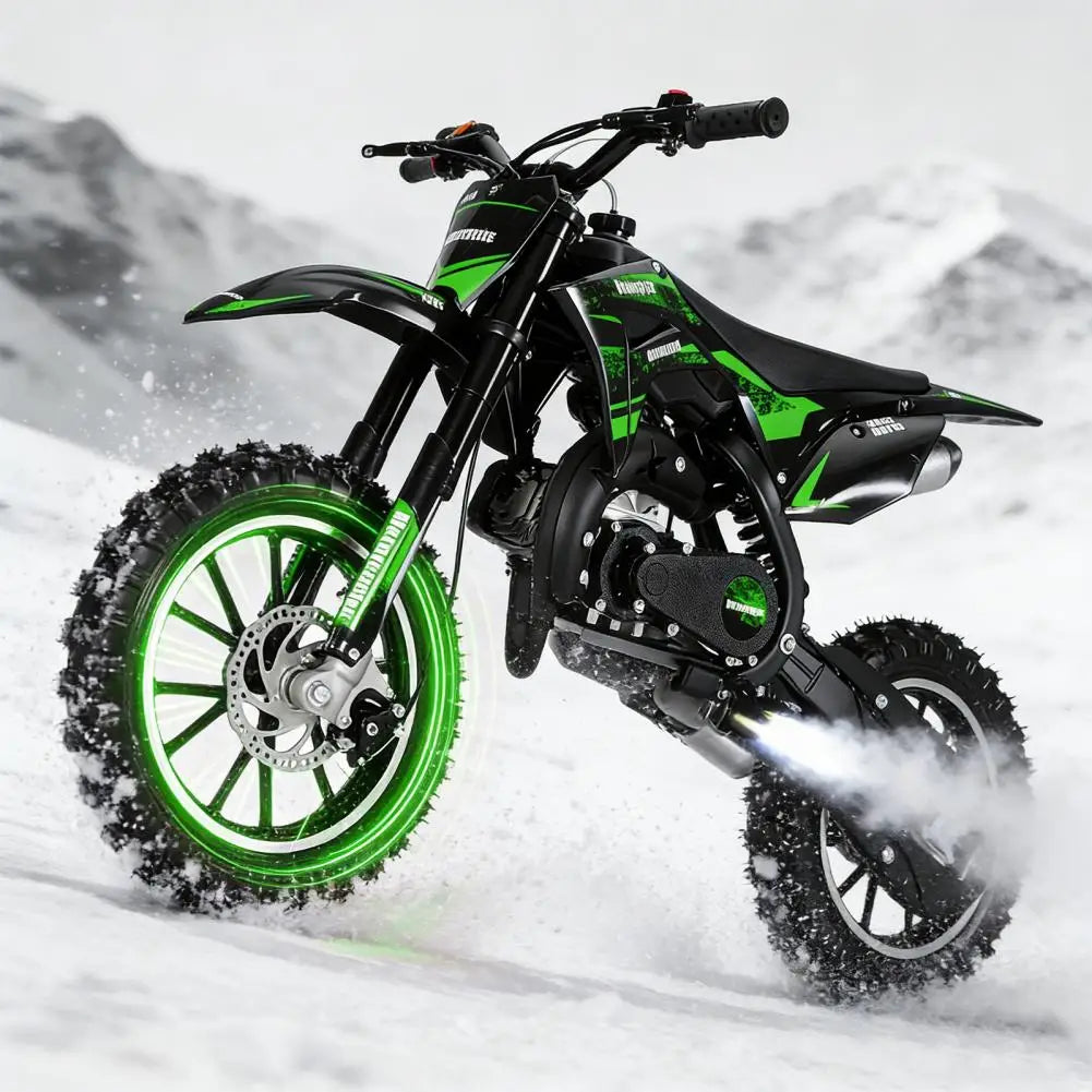 (Maximum load 330lb)Mini 49CC two-stroke gasoline motorcycle, anti-skid tires, front and rear wheel brakes, shock absorbers