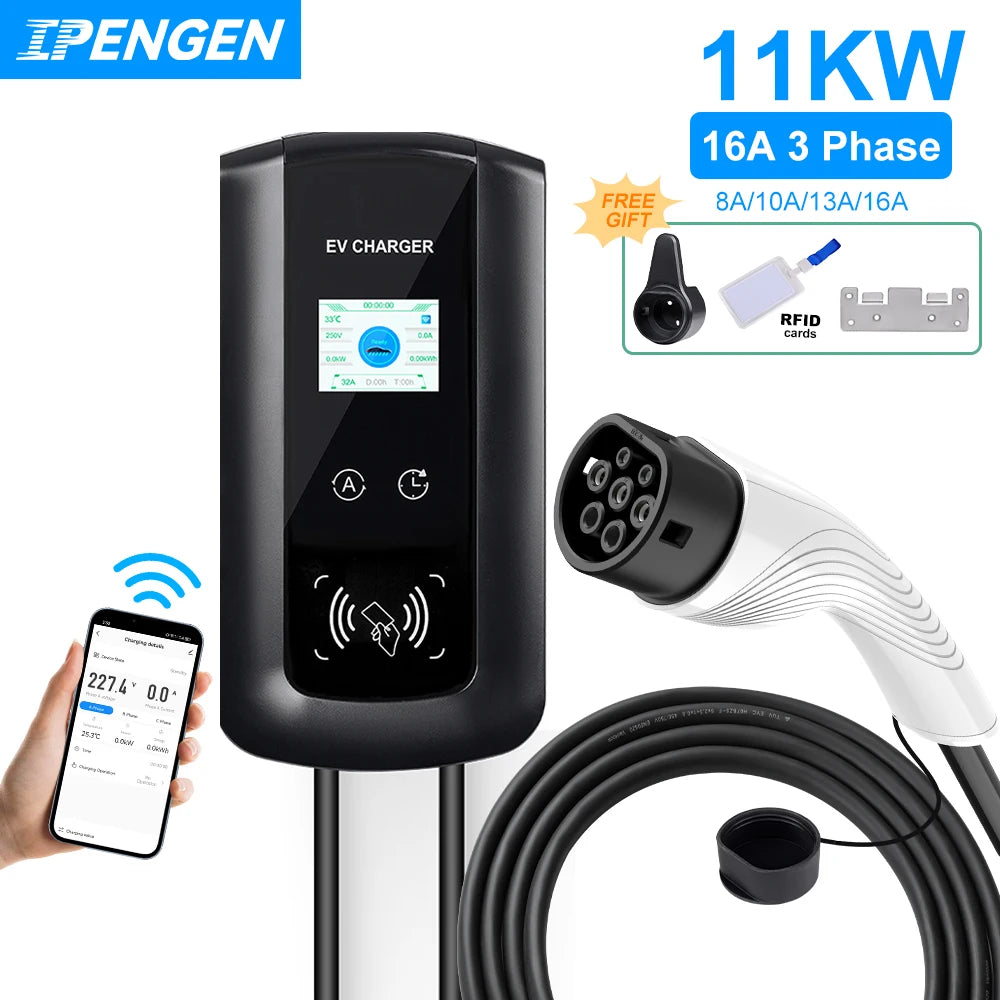 IPENGEN EV Charging Station 11KW Electric Vehicle Car Charger EVSE Wallbox Wallmount 16A Type2 Cable IEC62196 APP Control